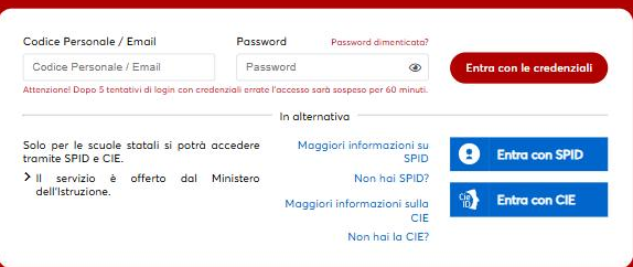 Pagina di login con i pulsanti Entra con SPID ed Entra con CIE