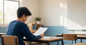 Studente di terza media legge il foglio delle prove d'esame in aula