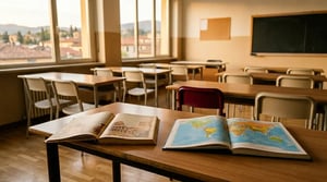 Aula di liceo con manuale di storia e atlante di geografia separati su un banco di legno