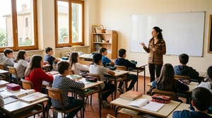 Aula scolastica italiana con docente che spiega la lezione agli studenti, continuità didattica supplenze brevi