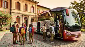 Studenti e docenti davanti a un autobus moderno per viaggio di istruzione