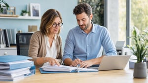 Assistente amministrativa e collega scolastico consultano documenti di segreteria a inizio anno