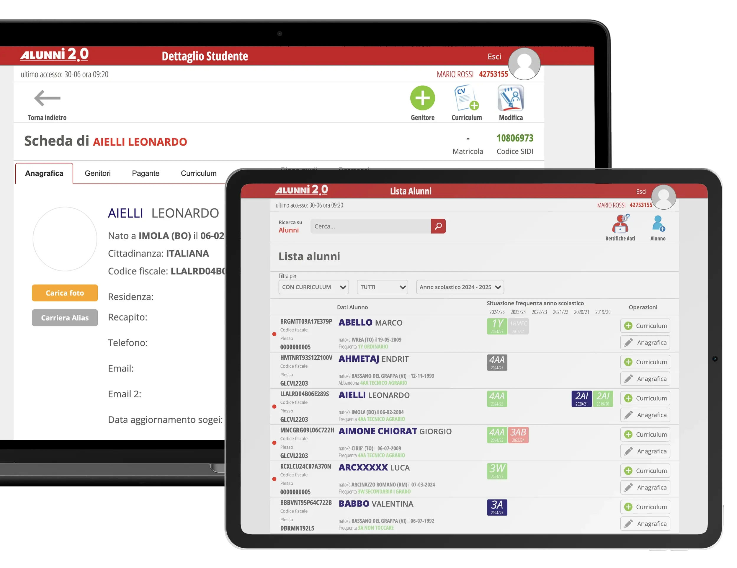 Alunni 2.0: scheda studente e lista alunni con curriculum