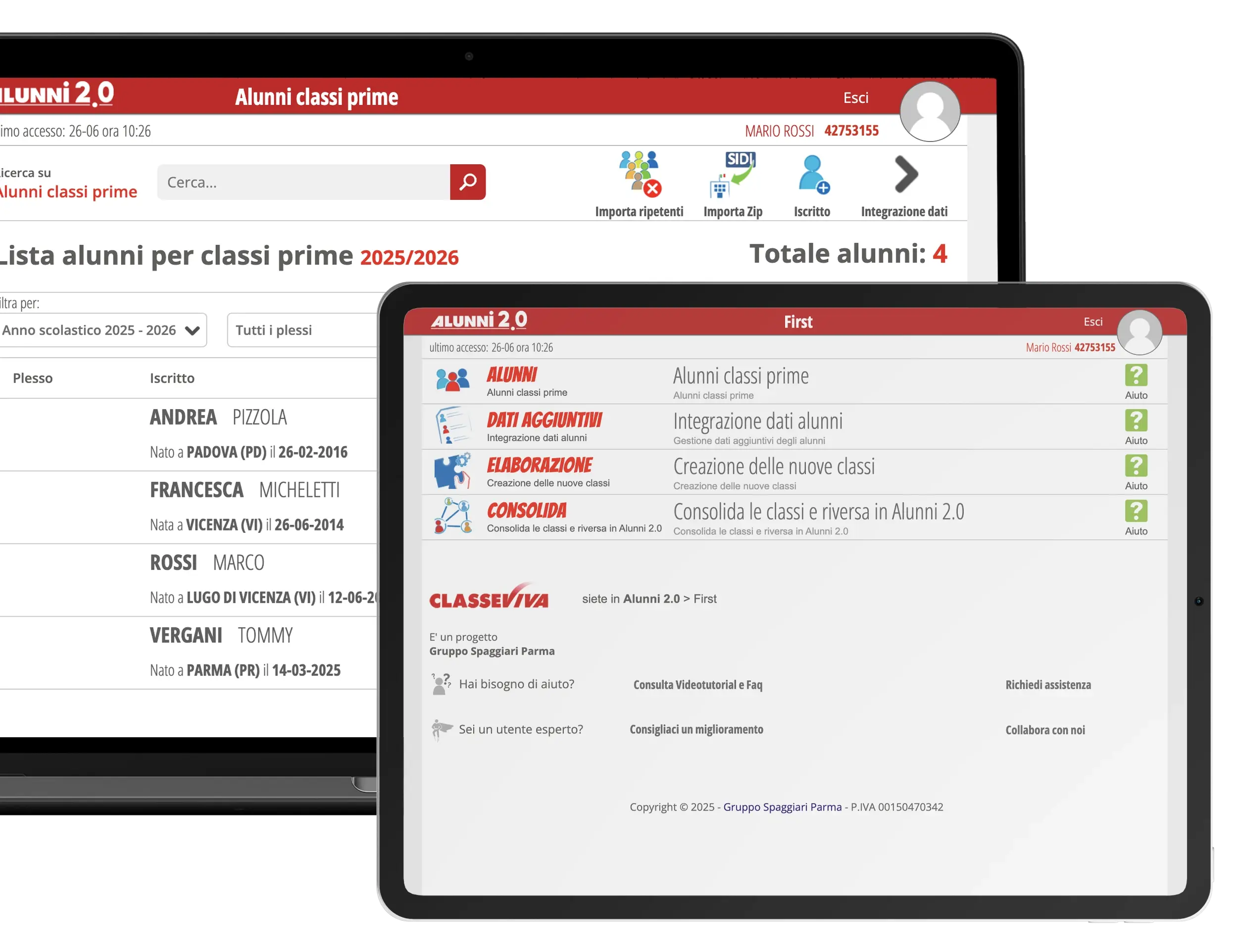 First dentro Alunni 2.0: lista alunni classi prime e menu di elaborazione