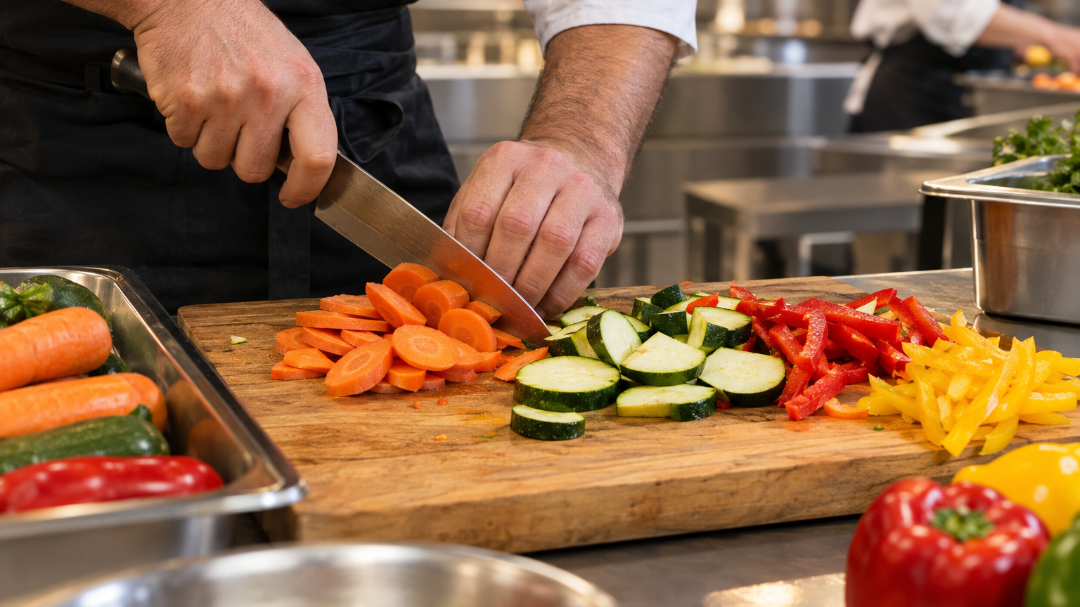 Mani che tagliano verdure colorate su un tagliere in una cucina scolastica
