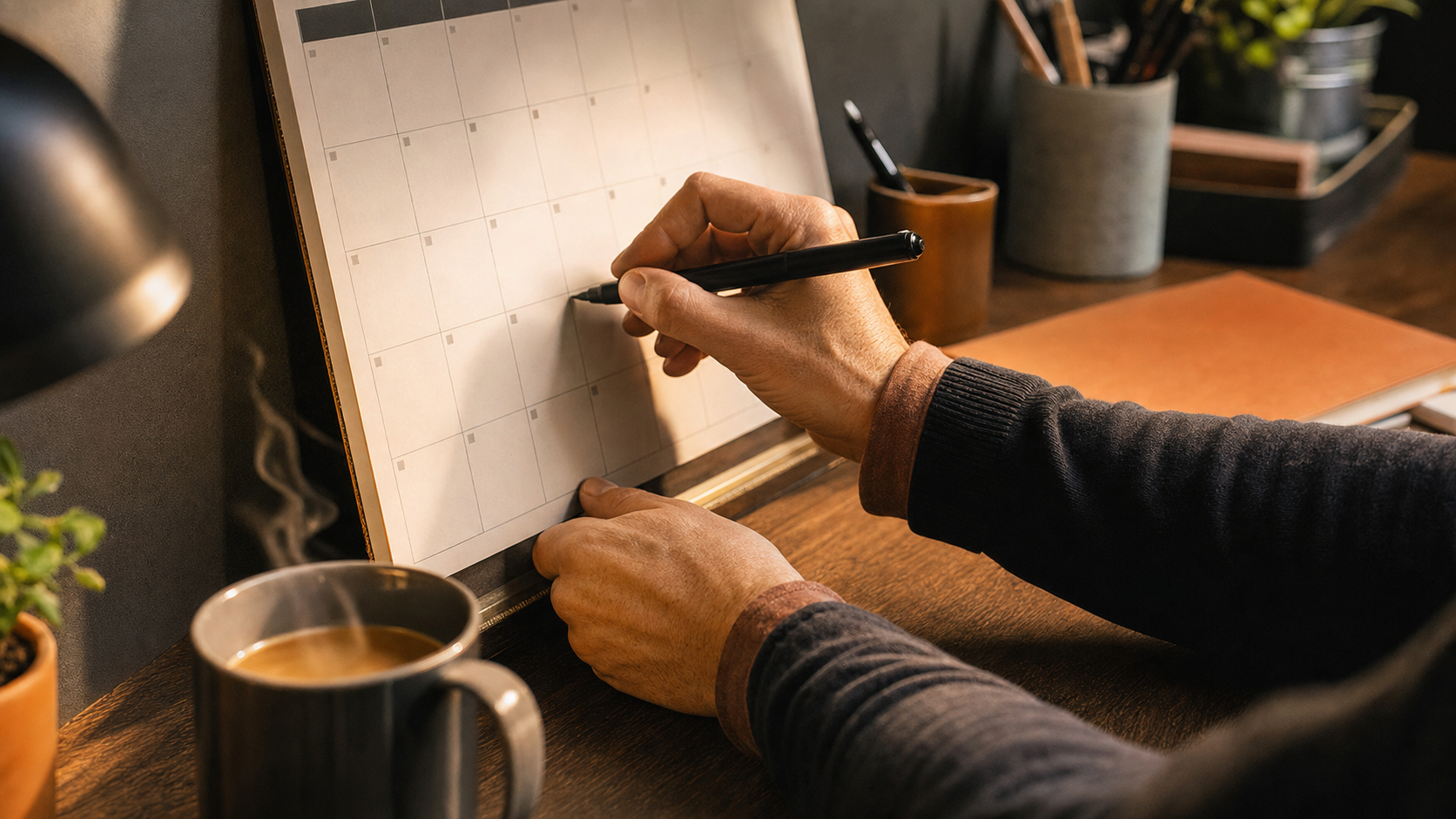 Primo piano di mani adulte che scrivono su un calendario cartaceo generico da parete accanto a una tazza di caffe su scrivania in legno di un ufficio scuola