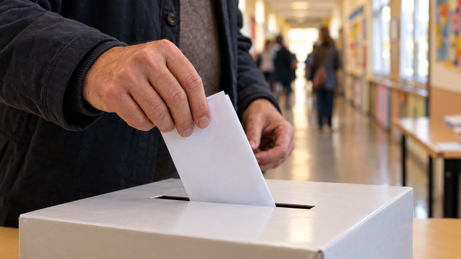 Mano di un adulto che inserisce una scheda piegata in un'urna elettorale in un corridoio scolastico