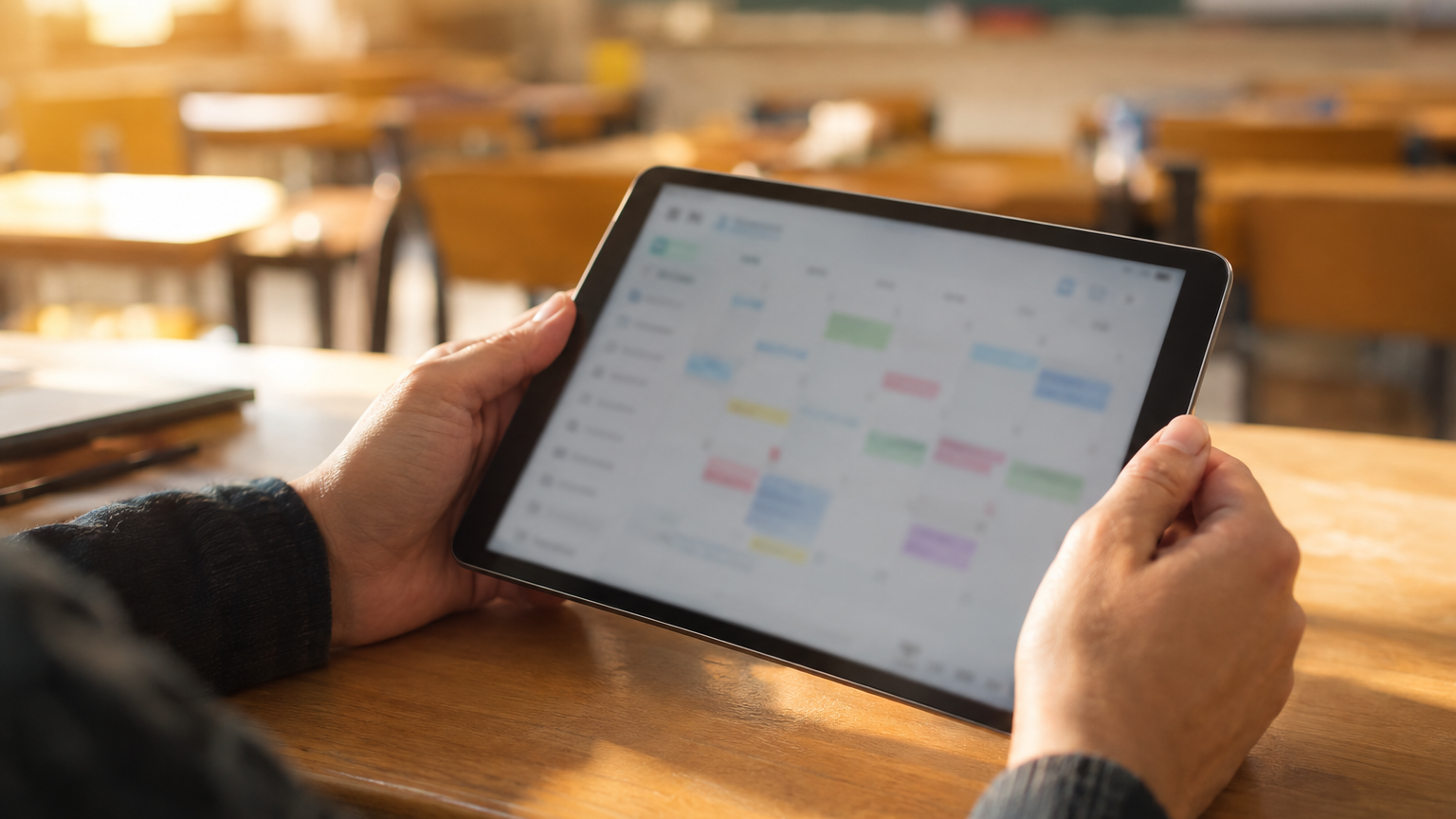 Mani di un adulto che tengono un tablet con un calendario su una cattedra