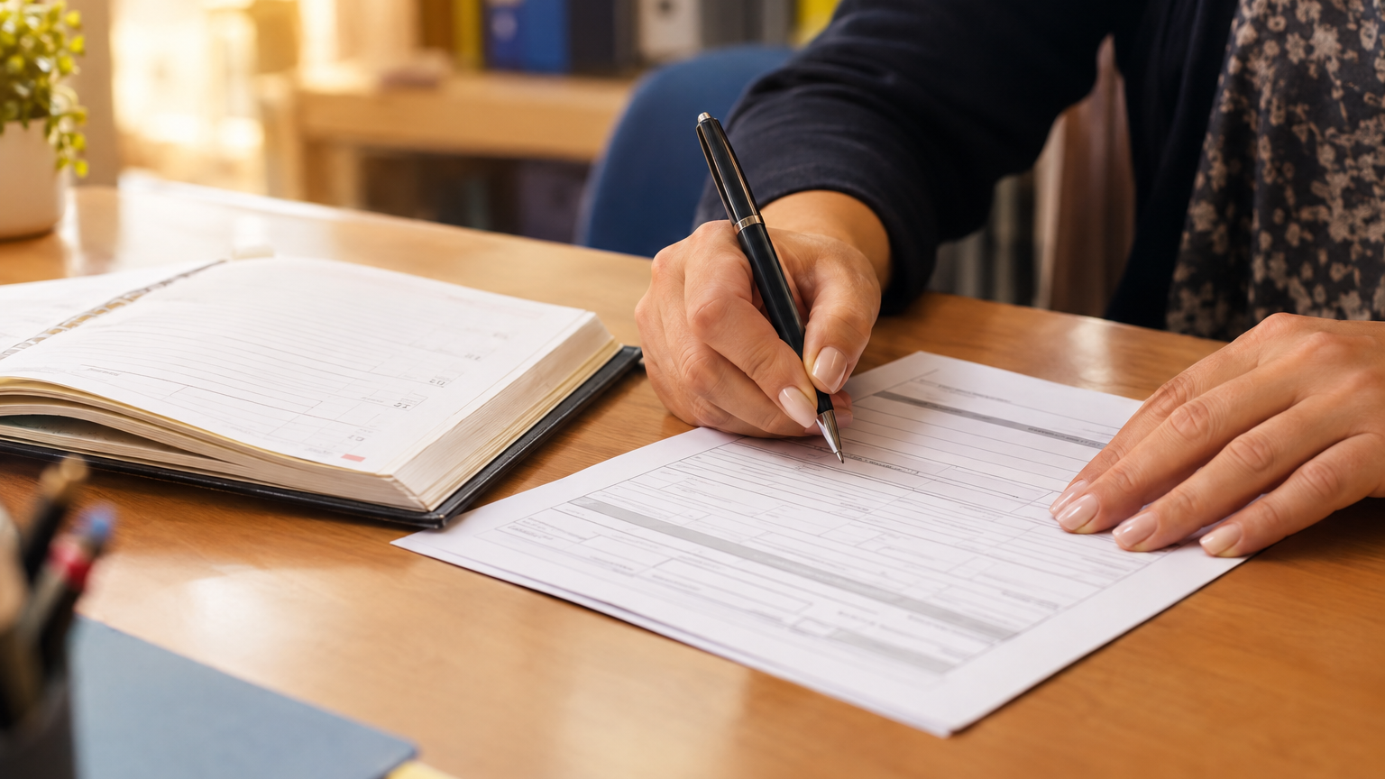 Mani che compilano un modulo su una scrivania di segreteria accanto a un'agenda