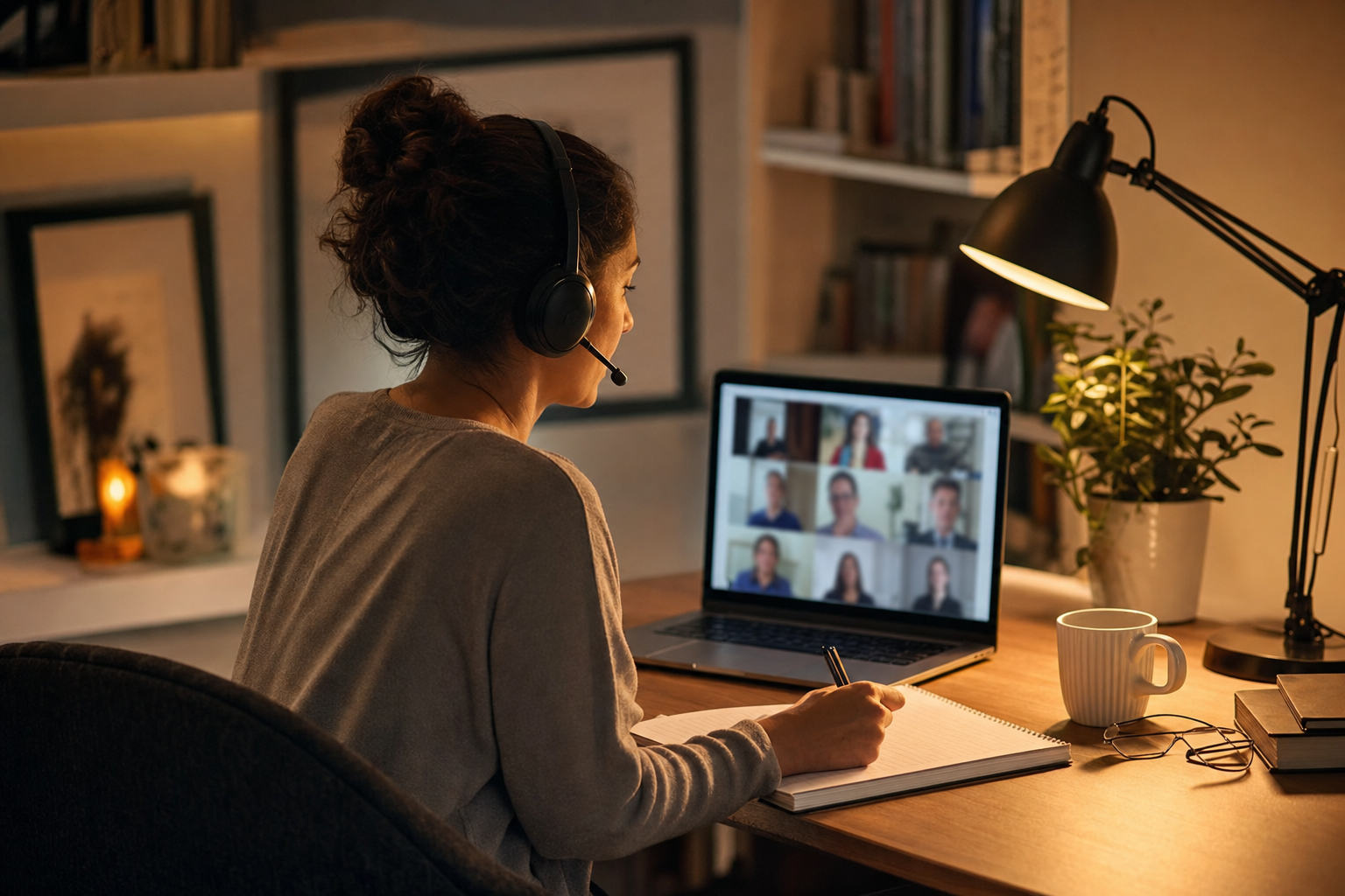 Docente che segue un corso online con cuffie e laptop