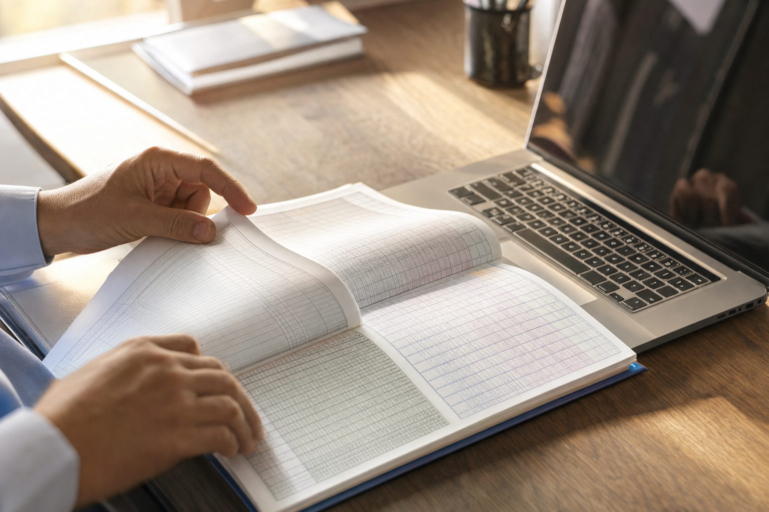 Dettaglio ravvicinato di mani adulte che sfogliano un registro cartaceo con tabelle numeriche accanto a un laptop, luce calda laterale