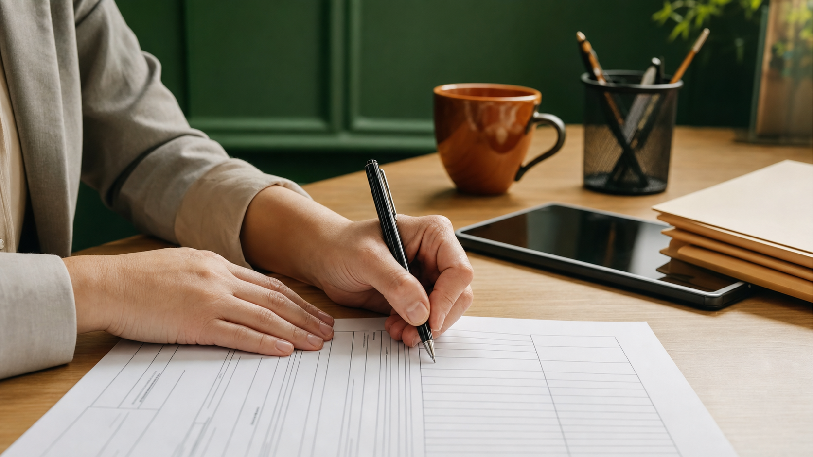 Primo piano di due mani adulte che compilano un modulo cartaceo con penna nera su scrivania in legno, con tablet spento, tazza e portapenne accanto