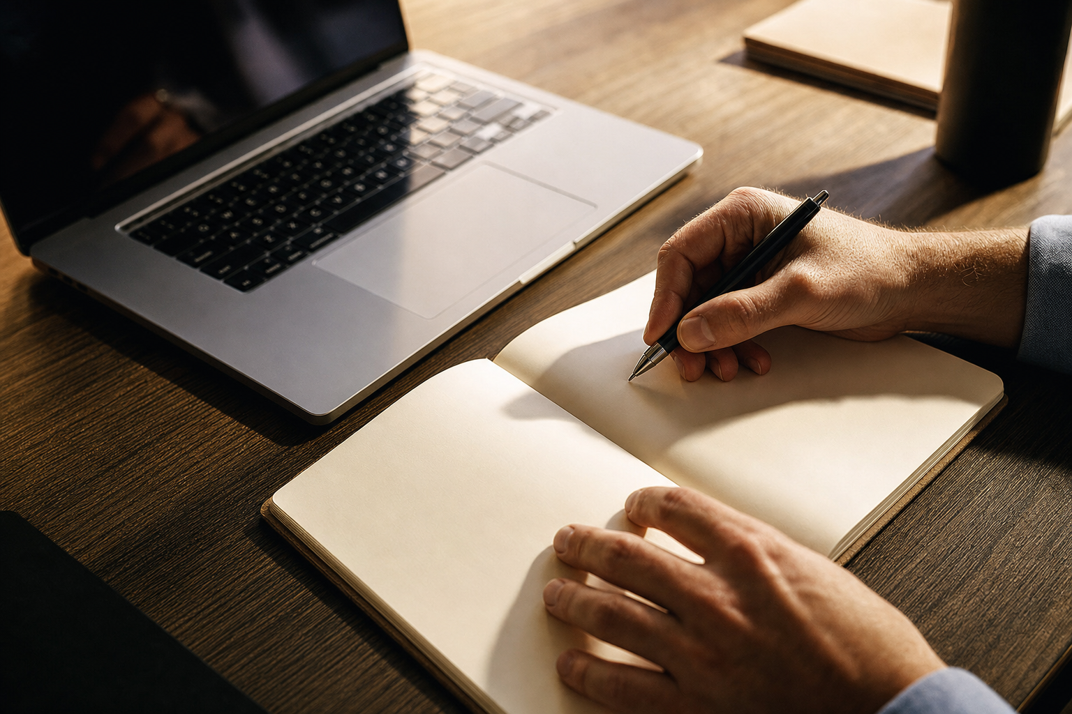 Dettaglio ravvicinato di mani adulte che scrivono su un quaderno cartaceo aperto accanto a un laptop su scrivania di ufficio scuola, luce calda laterale