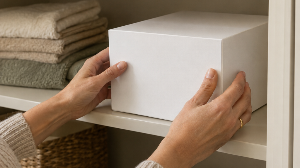 Mani di un adulto che ripongono una scatola bianca in un armadietto con ripiani ordinati