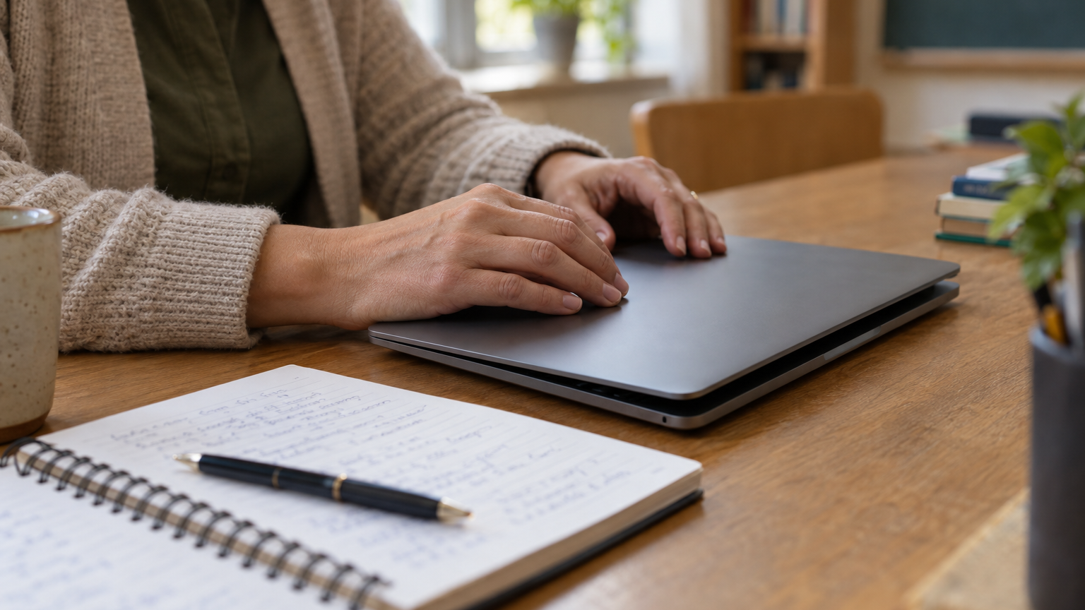 Mani di un docente su un portatile chiuso accanto a un quaderno di appunti su una cattedra