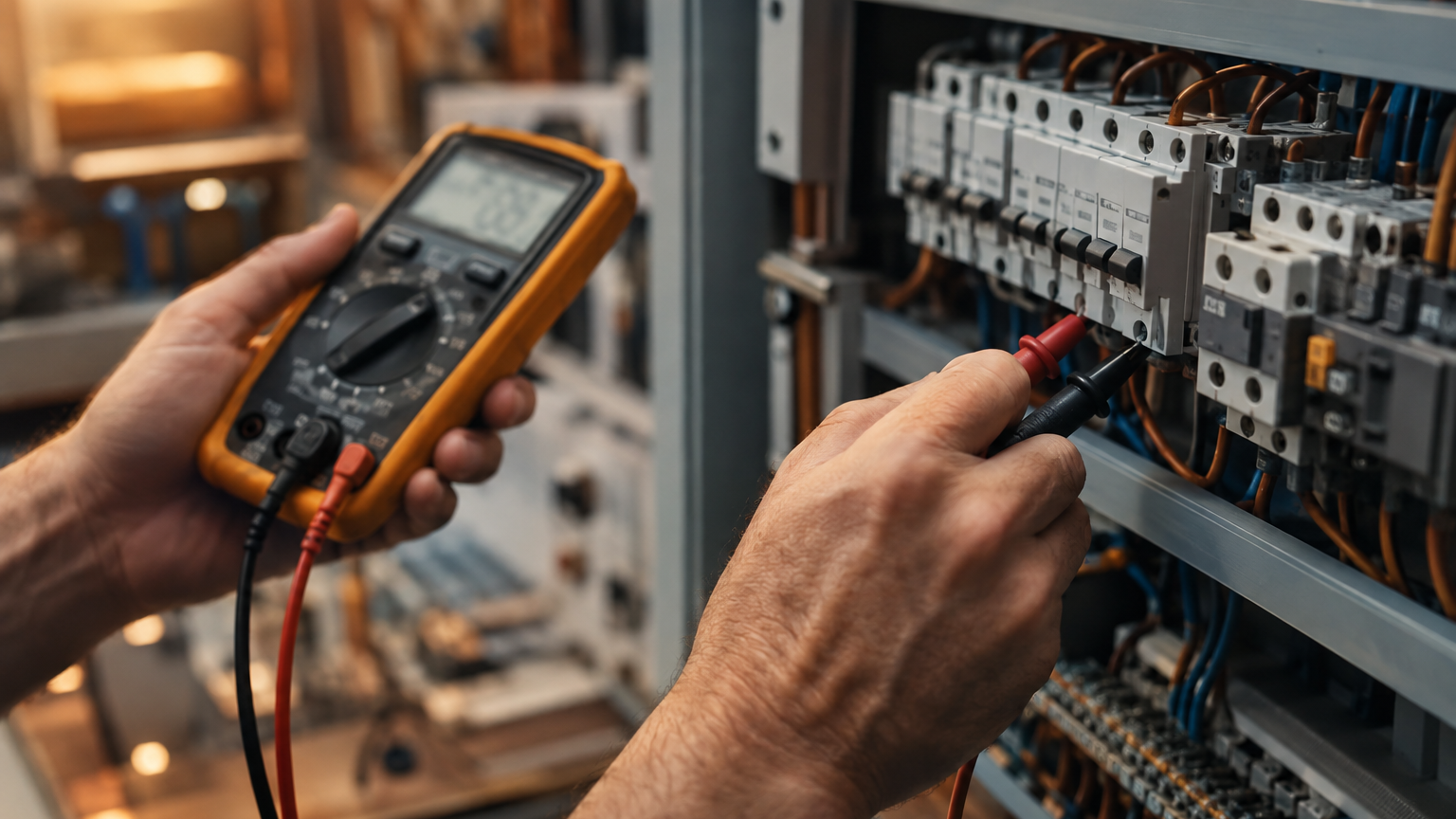 Mani che usano un multimetro su un quadro elettrico didattico in un laboratorio di formazione professionale