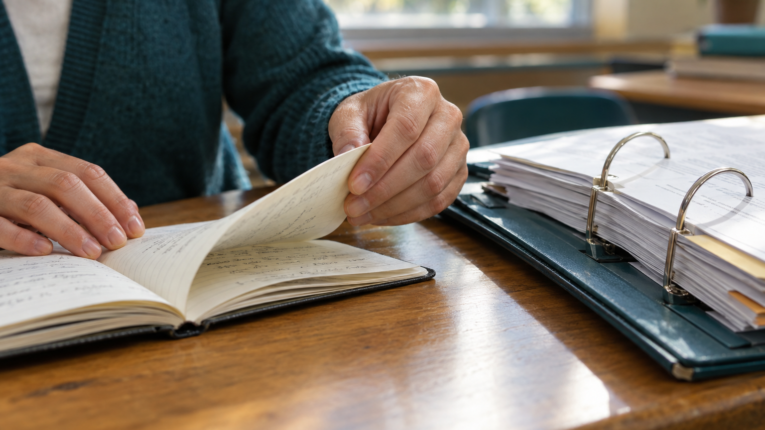 Mani di un docente che sfogliano un quaderno accanto a un raccoglitore di documenti su una scrivania