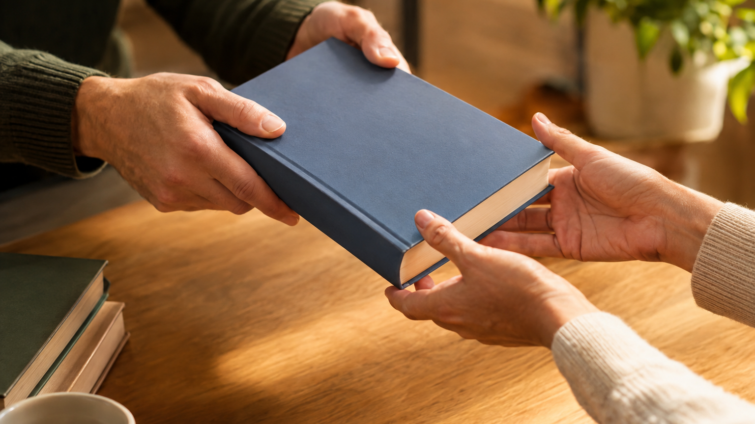 Mani che consegnano un libro di testo con copertina neutra