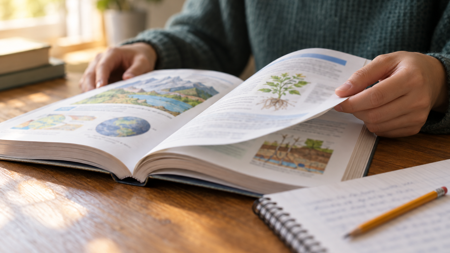 Mani che sfogliano un libro scolastico illustrato accanto a un blocco appunti e a una matita