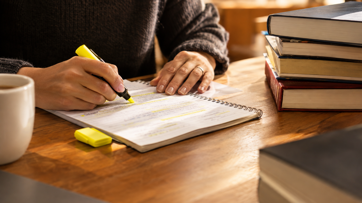 Mani su un quaderno di appunti con evidenziatore accanto a libri impilati