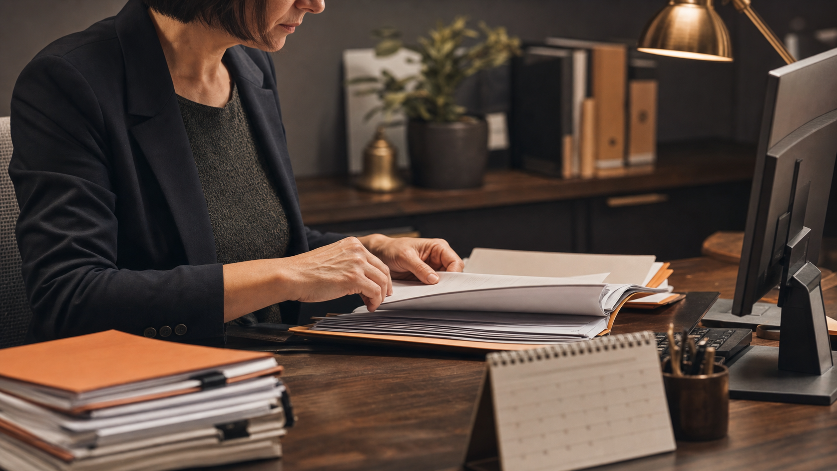 Assistente amministrativo di segreteria scolastica sfoglia un fascicolo di documenti per esami integrativi con calendario cartaceo sulla scrivania, luce calda