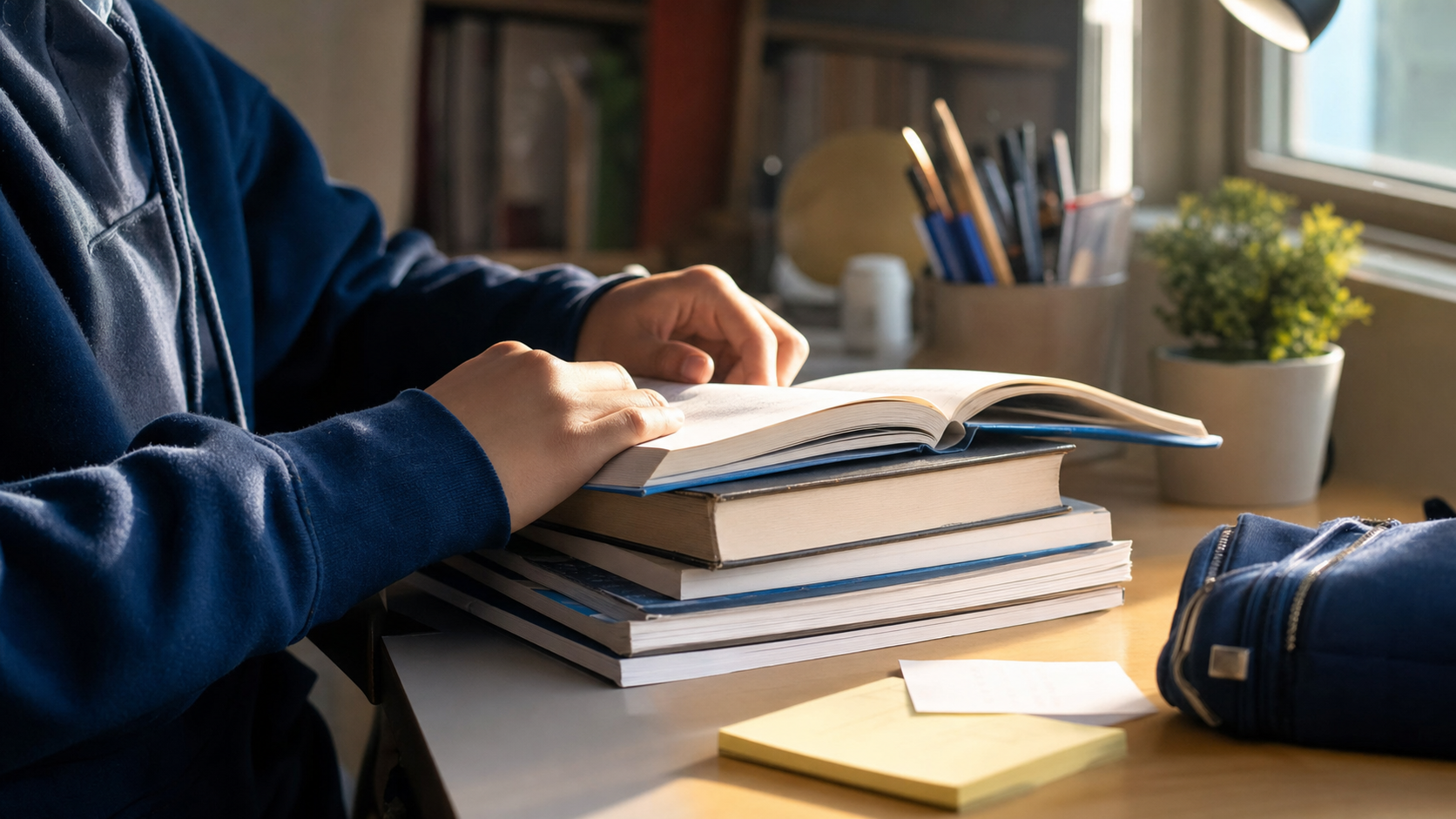 Mani di uno studente che sfogliano libri di testo impilati sulla scrivania di camera