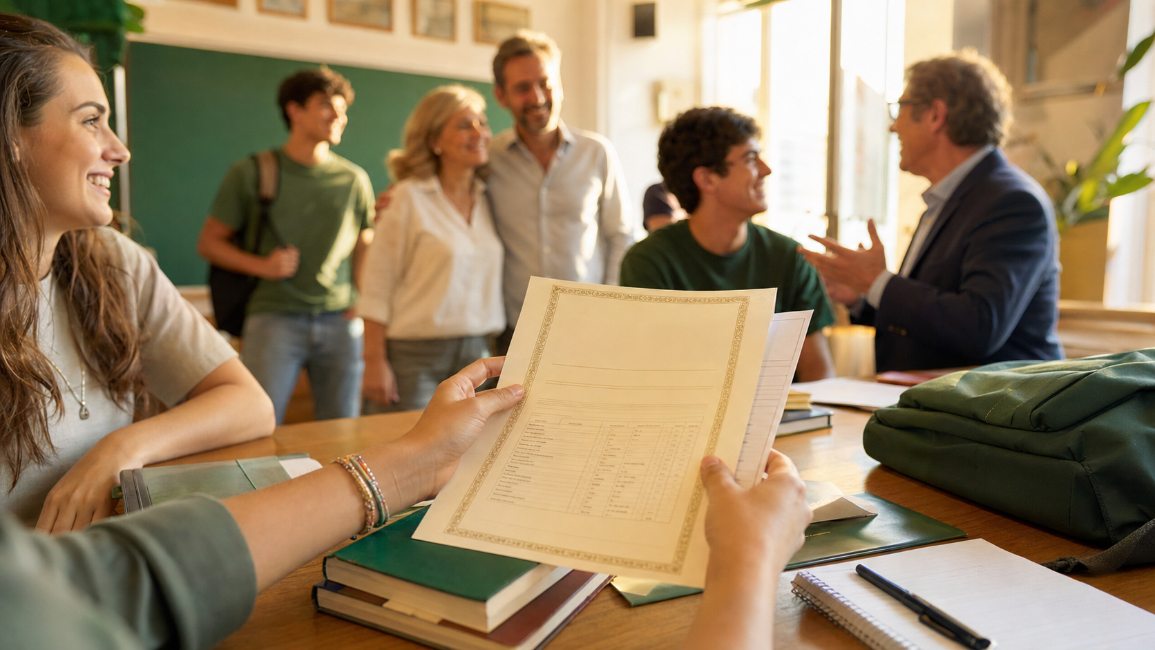 Dettaglio mani di studente con pagella e diploma scolastico
