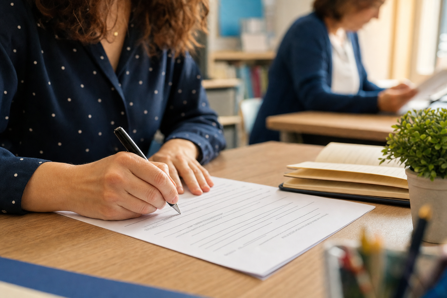 Mani di docente che firmano modulo di assegnazione provvisoria su scrivania