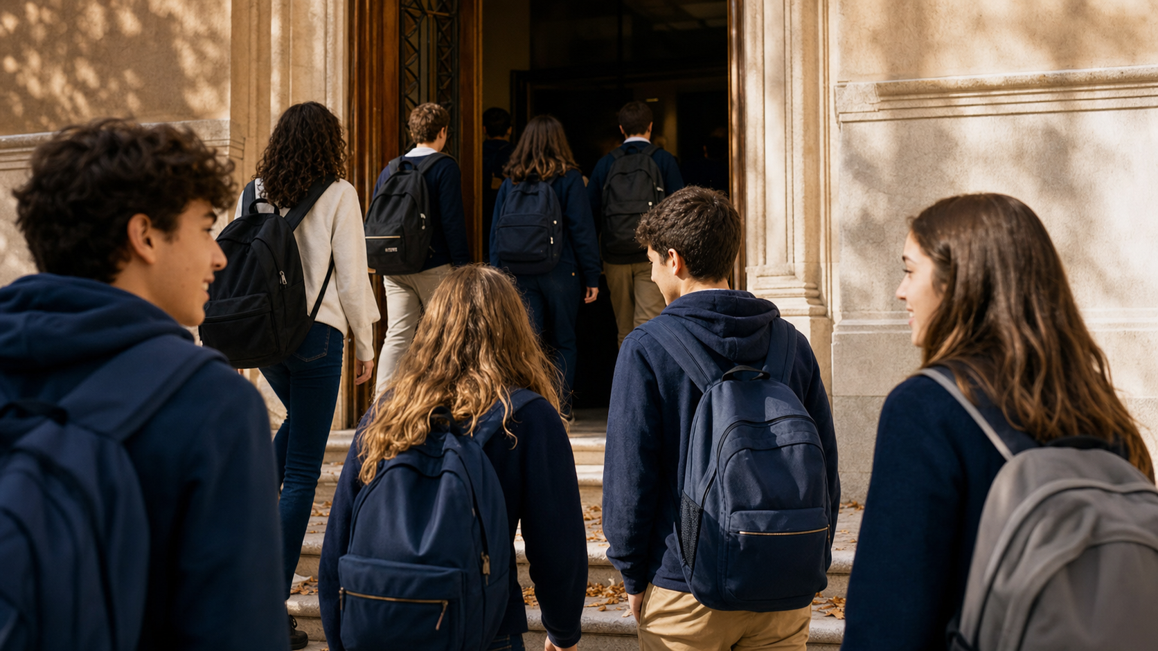 Studenti che entrano in una scuola italiana il primo giorno di lezioni