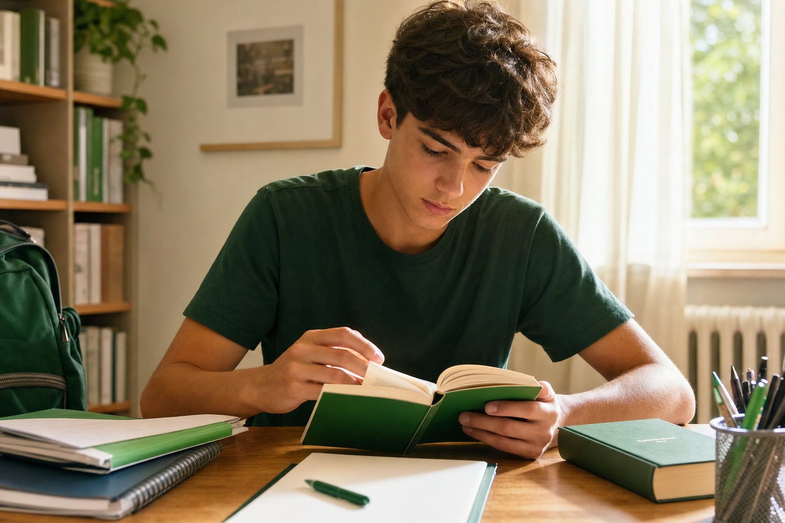 Mani di studente adolescente che sfoglia libro di educazione civica con Costituzione italiana sul tavolo, blocco appunti a fianco, luce naturale estiva