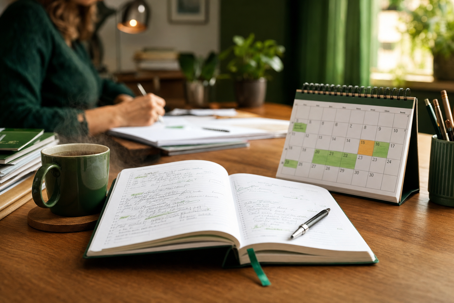 Dettaglio ravvicinato di scrivania di segreteria scolastica con agenda cartacea aperta e annotata a mano, planner mensile agosto 2026 con date evidenziate, tazza di caffe fumante, luce naturale calda pomeridiana