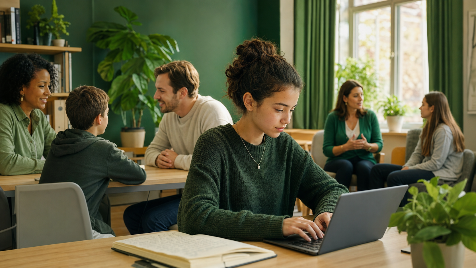 Studentessa adolescente concentrata che digita su laptop con quaderno aperto accanto