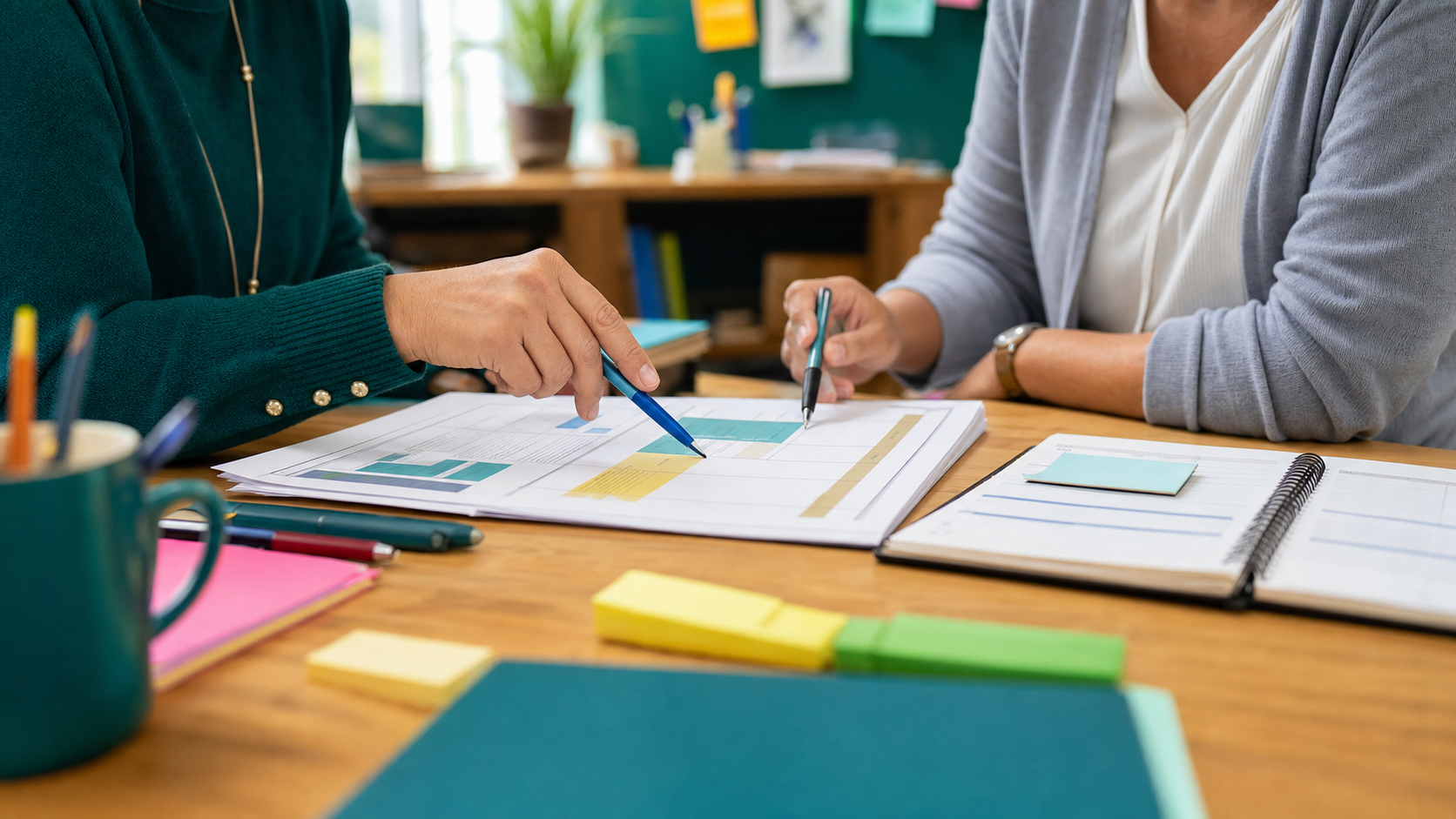 Dettaglio mani di tutor accogliente e docente neoassunto che confrontano documento di programmazione e agenda su tavolo di aula insegnanti, atmosfera collaborativa e luce naturale calda