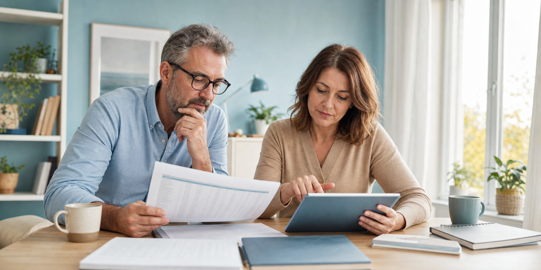 Adulti che consultano graduatorie stampate e tablet a scrivania di casa, luce naturale calda