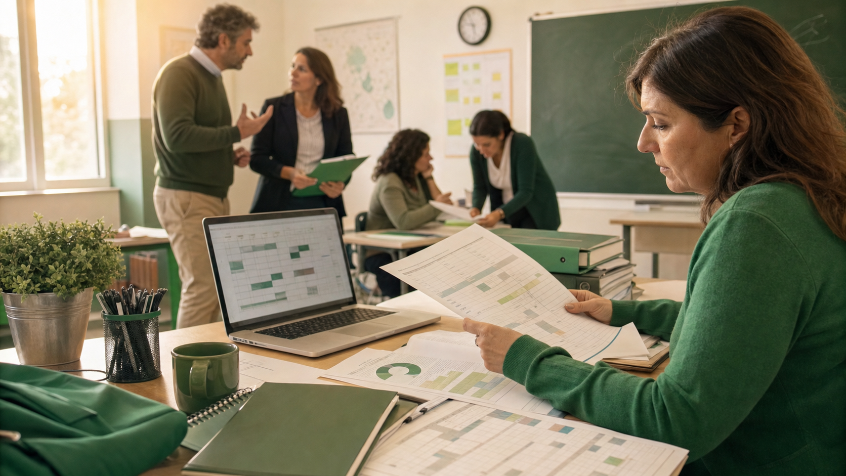 Docente legge documenti calendariali della mobilità con laptop e moduli su scrivania scolastica
