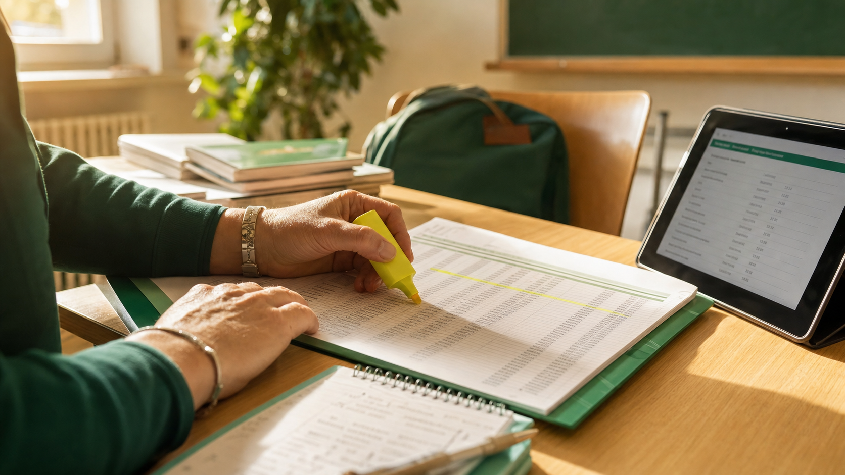 Mani di docente con evidenziatore giallo su tabella cartacea del bollettino provinciale, tablet a lato con elenco preferenze