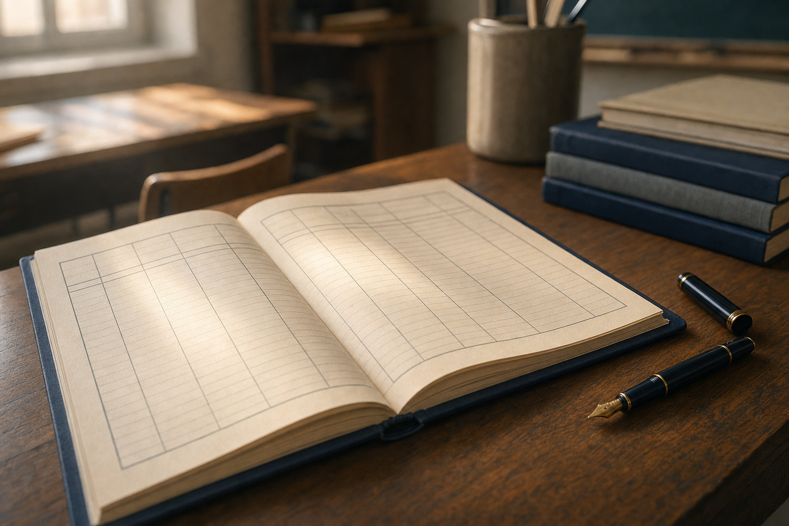 Registro scolastico aperto con stilografica appoggiata su tavolo in legno, atmosfera ordinata di scrutinio