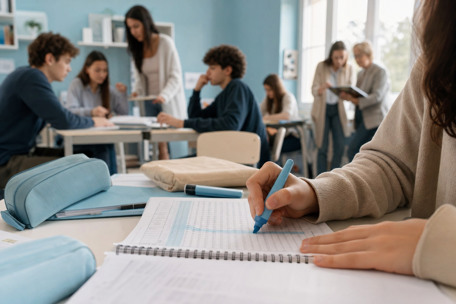 Studente V superiore con pagella, calcolatrice e tabella crediti aperta sul quaderno per ricostruire il punteggio del triennio