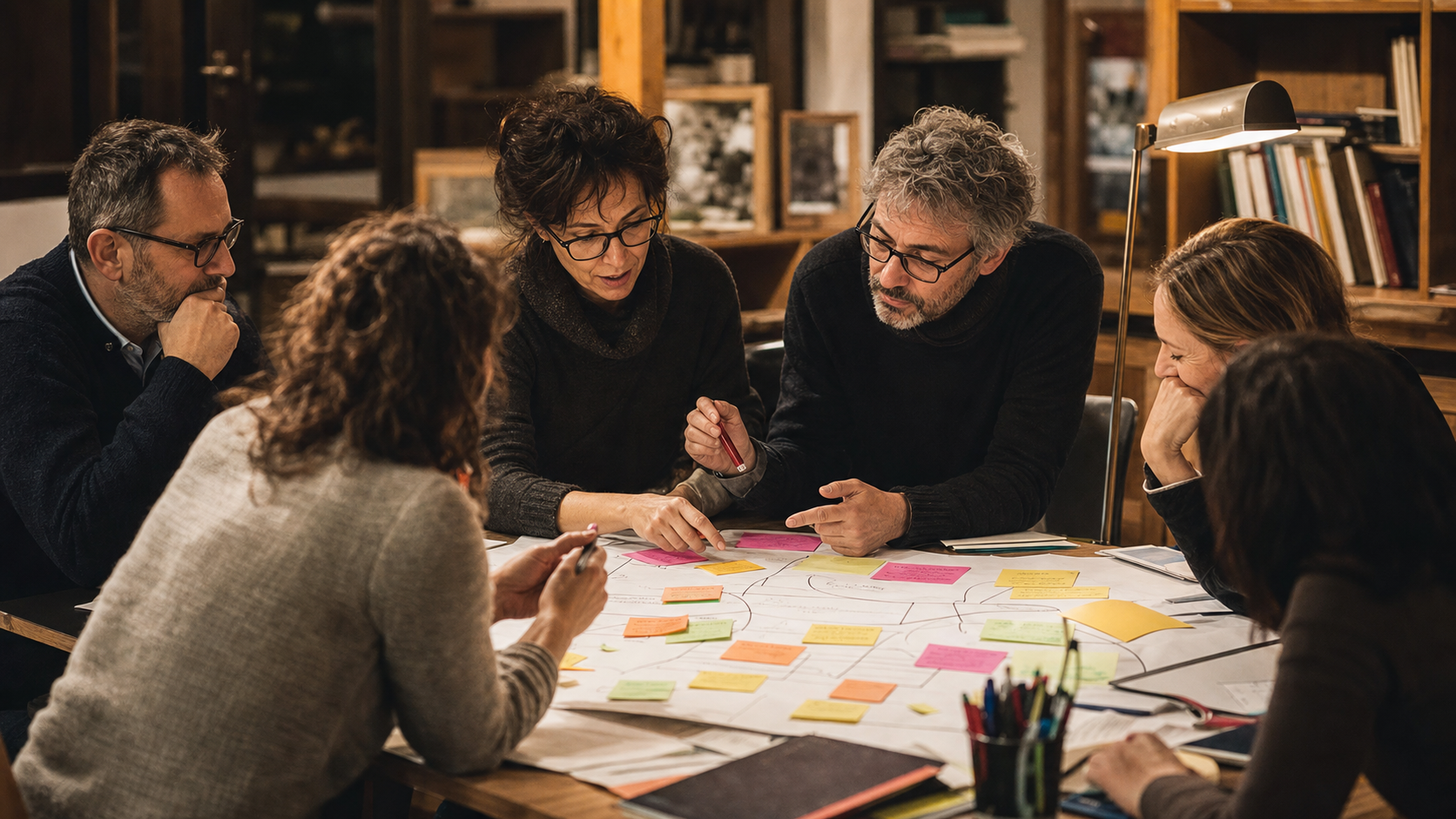 Dettaglio mani di insegnanti su mappa concettuale del curricolo con post-it colorati