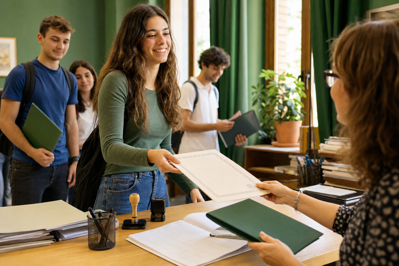 Studentessa neodiplomata ritira documento ufficiale in segreteria scolastica, scrivania con timbri e registro