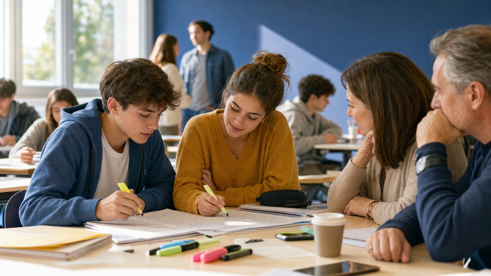 Studenti V superiore evidenziano insieme appunti del documento del 15 maggio durante una sessione di studio condivisa