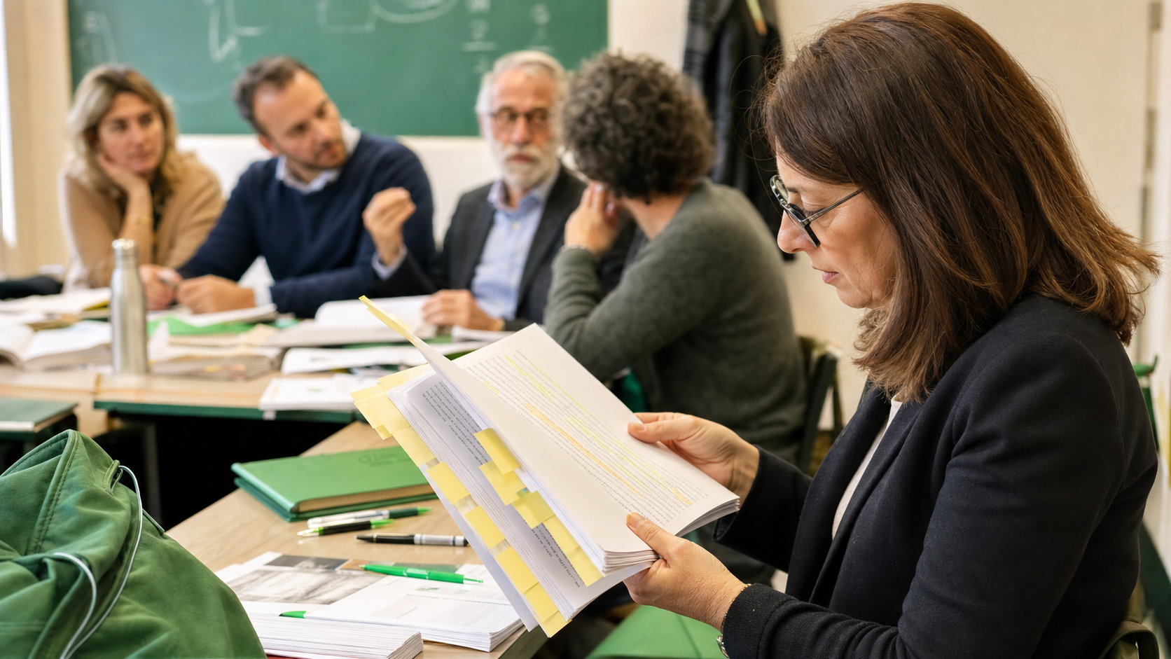 Commissione di esame riunita al tavolo che consulta un documento cartaceo con post-it gialli