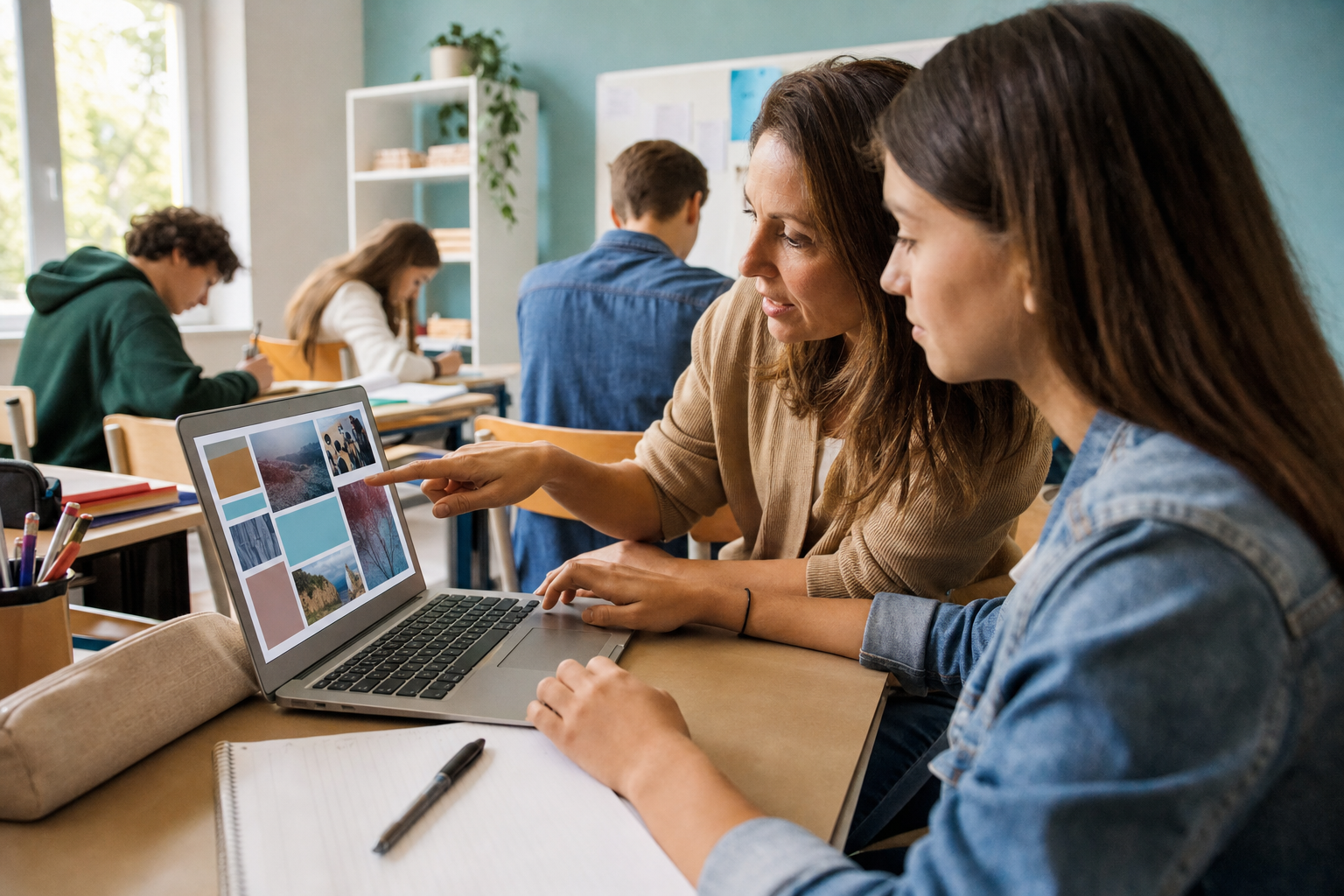 Dettaglio mani di docente tutor e studentessa liceale insieme davanti a schermo laptop con moduli di orientamento e curriculum digitale su scrivania di aula insegnanti luminosa