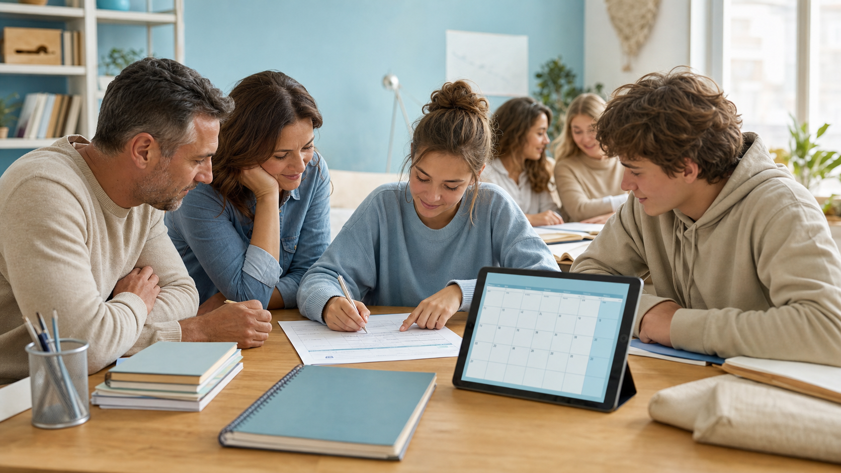 Dettaglio mani di famiglia che compila modulo di iscrizione a esami integrativi accanto a tablet con calendario di settembre