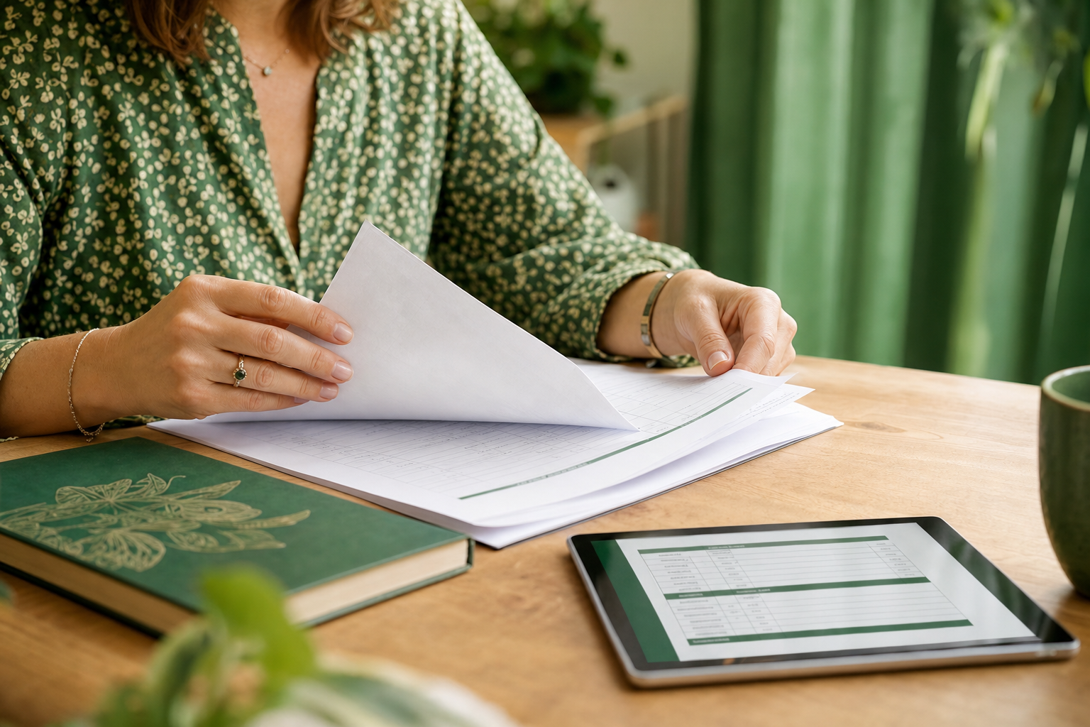 Mani di donna adulta che sfogliano il documento cartaceo di certificazione delle competenze del primo ciclo, tablet a lato con scheda riepilogativa