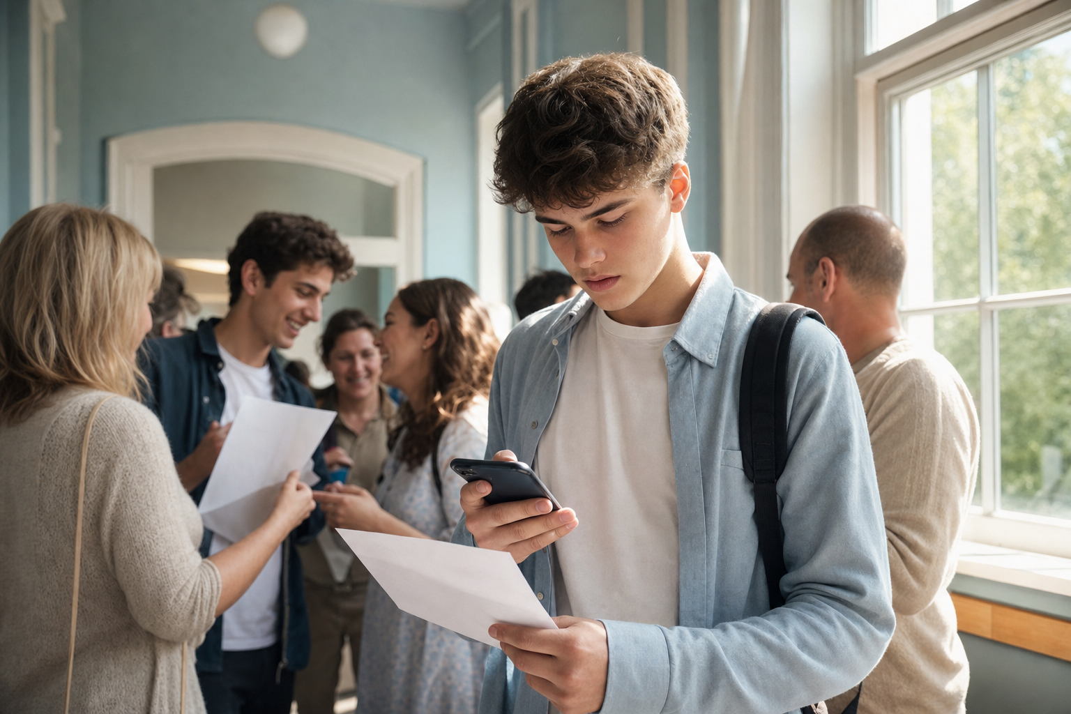 Studente di scuola superiore consulta esito Maturità su smartphone e foglio cartaceo