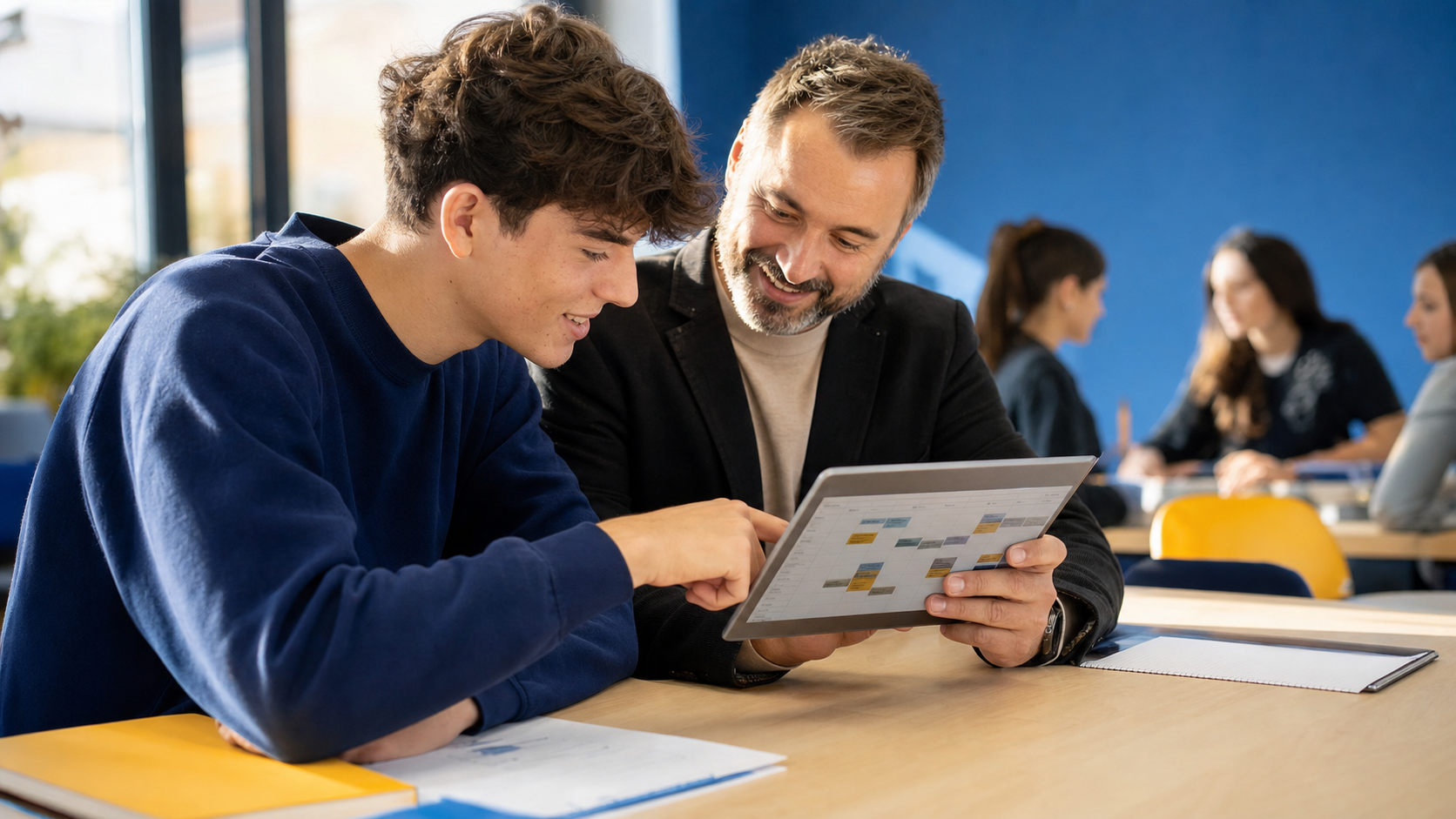 Studente e tutor osservano calendario attività FSL su tablet, scrivania in aula con luce naturale calda