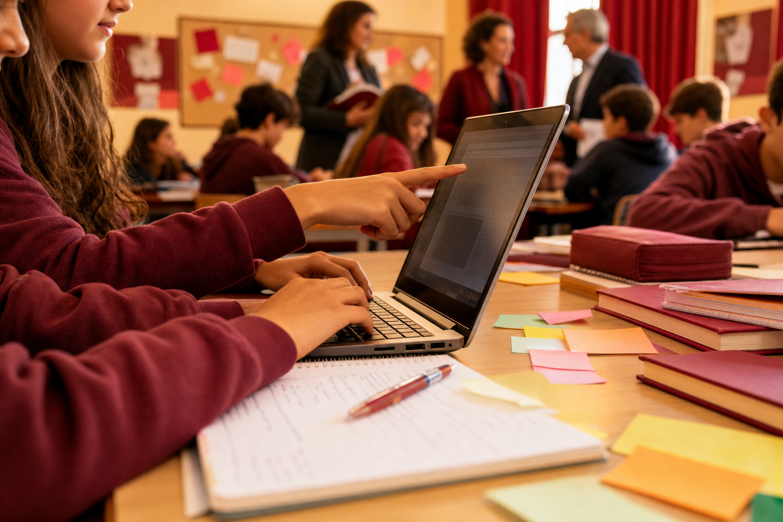 Studentessa di scuola media indica lo schermo del laptop durante un progetto eTwinning in aula