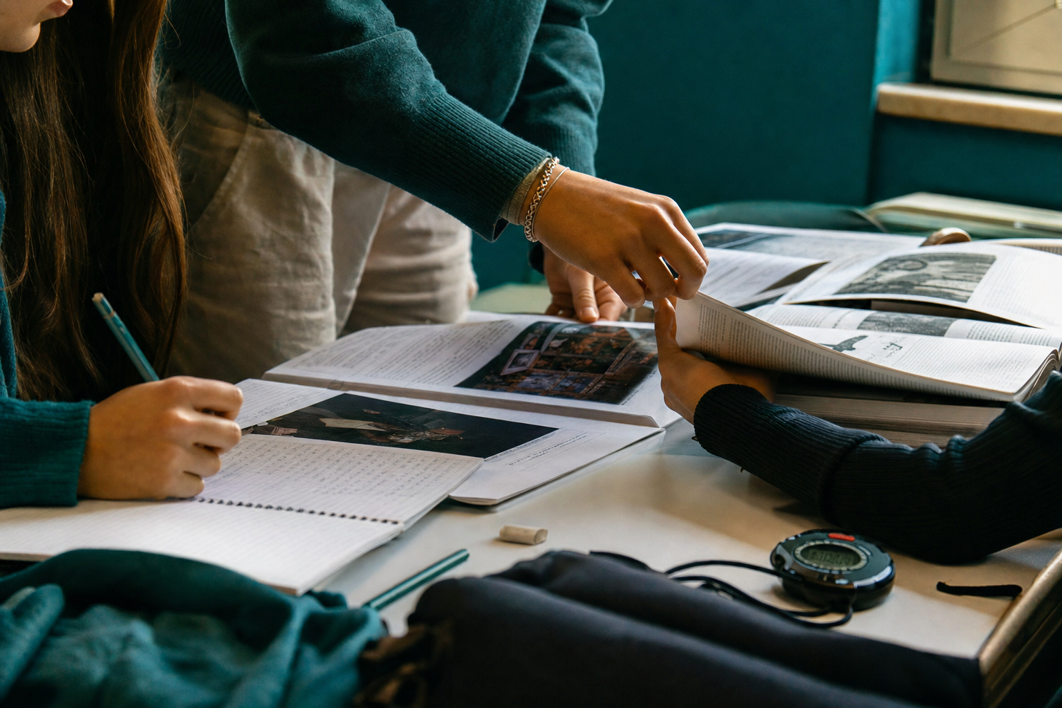 Mani di studenti che sfogliano fonti cartacee e prendono appunti su quaderno durante preparazione debate, cronometro accanto