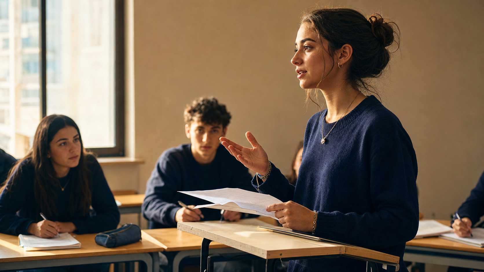Studentessa adolescente che argomenta durante una sessione di debate in classe, compagni che ascoltano e prendono appunti